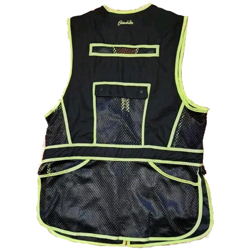 Black and lime green Gamehide Range Vest. Mesh and polyester construction. Back view.