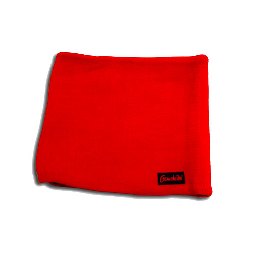 Red Gamehide neck gaiter, fleece lined, rectangular shape, angled view, brand label.