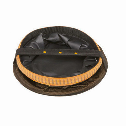 Collapsible Mud River dog bowl, brown and orange, black handle, open view, nylon, waterproof liner.