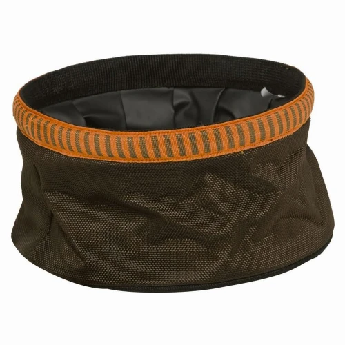 Brown nylon dog bowl with orange and black trim; top-down angle.