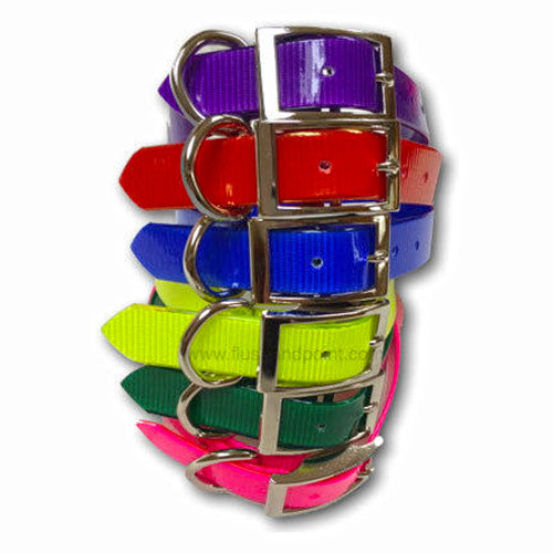 Stack of colorful dog collars, various bright colors, metal hardware, glossy finish.