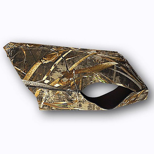 Dog vest, Realtree MAX-5 camo pattern, neoprene, angled view, armhole opening, black interior.