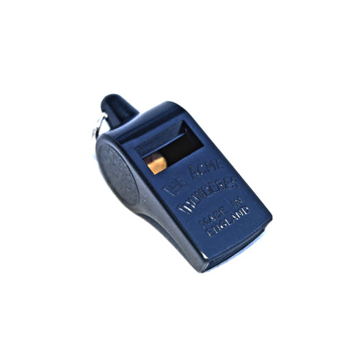 Black Acme Thunderer whistle, angled view, plastic, with text "Made in England".