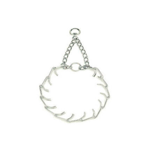 Silver metal pinch link dog training collar, chain and ring detail, white background.