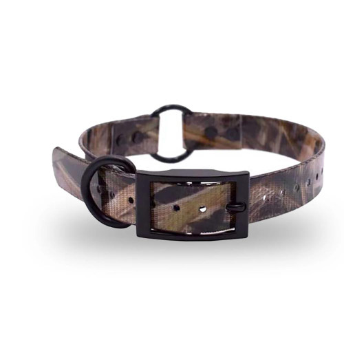 Wetland camo dog collar with black hardware.