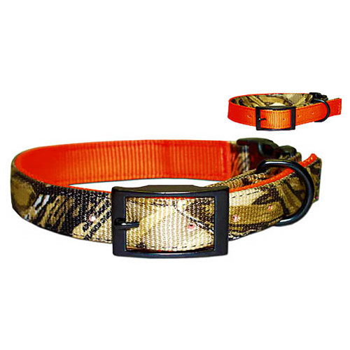 Reversible dog collar: orange and camo nylon, black buckle, side view, with a smaller version in the corner.