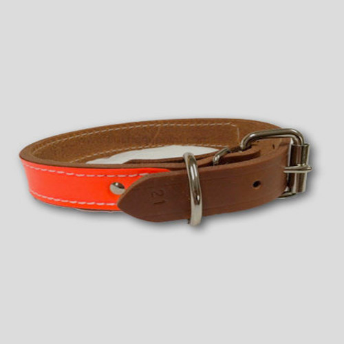 Brown leather dog collar with orange reflective strip, nickel hardware.