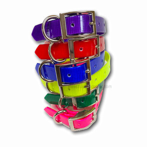 Stack of colorful Omnipet puppy collars. Purple, red, blue, yellow, green, and pink. Polyurethane coated webbing with metal