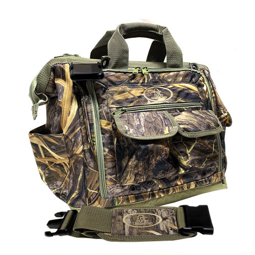 Camouflage bag with green accents, shoulder strap, and Ducks Unlimited logo.