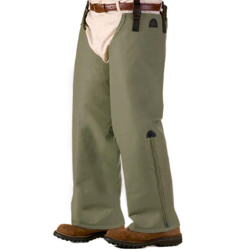 Olive green Turtleskin Snake Armor chaps. Protective legwear with zippers, worn over boots.