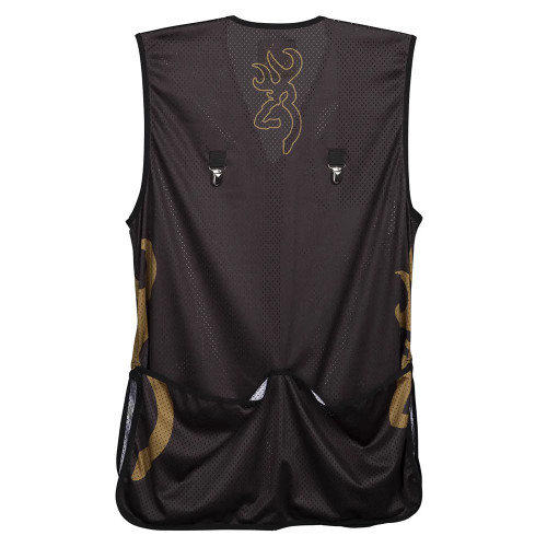 Black and gold Browning shooting vest, mesh fabric, back view, logo, shell pockets, metal clips.