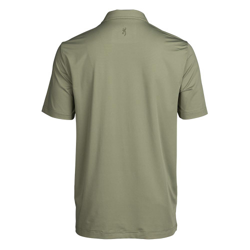 Back view of a green Browning Performance Polo shirt. Polyester fabric, short sleeves, and a collar.