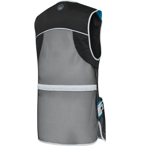 Black and blue Beretta shooting vest, mesh back, white trim, logo.