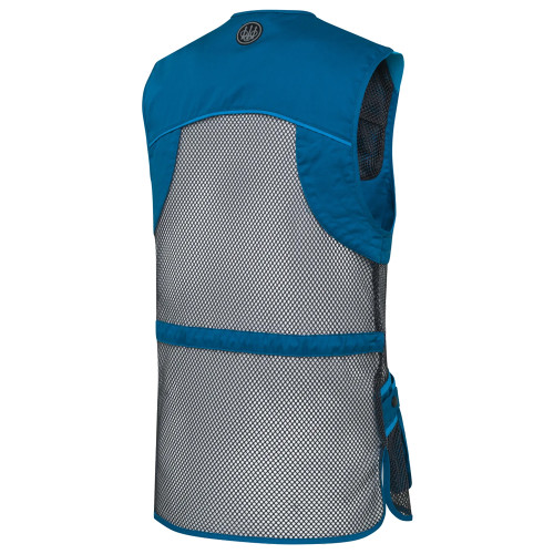 Blue mesh shooting vest, back view, Beretta logo, breathable mesh panels, comfort fit.
