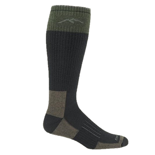 Charcoal and olive green Darn Tough over-the-calf sock with extra cushioning; merino wool blend.
