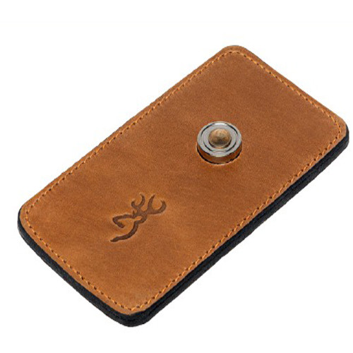 Brown leather Browning barrel rest, brown with black trim, metal button, angled view.