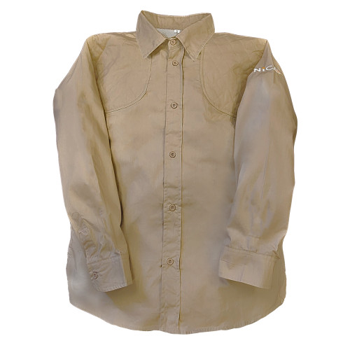 Front view of NICA long sleeve shooting shirt in khaki with ambidextrous shoulder pads and button-down design Front view of NICA long sleeve shooting shirt in khaki with ambidextrous shoulder pads and button-down design
