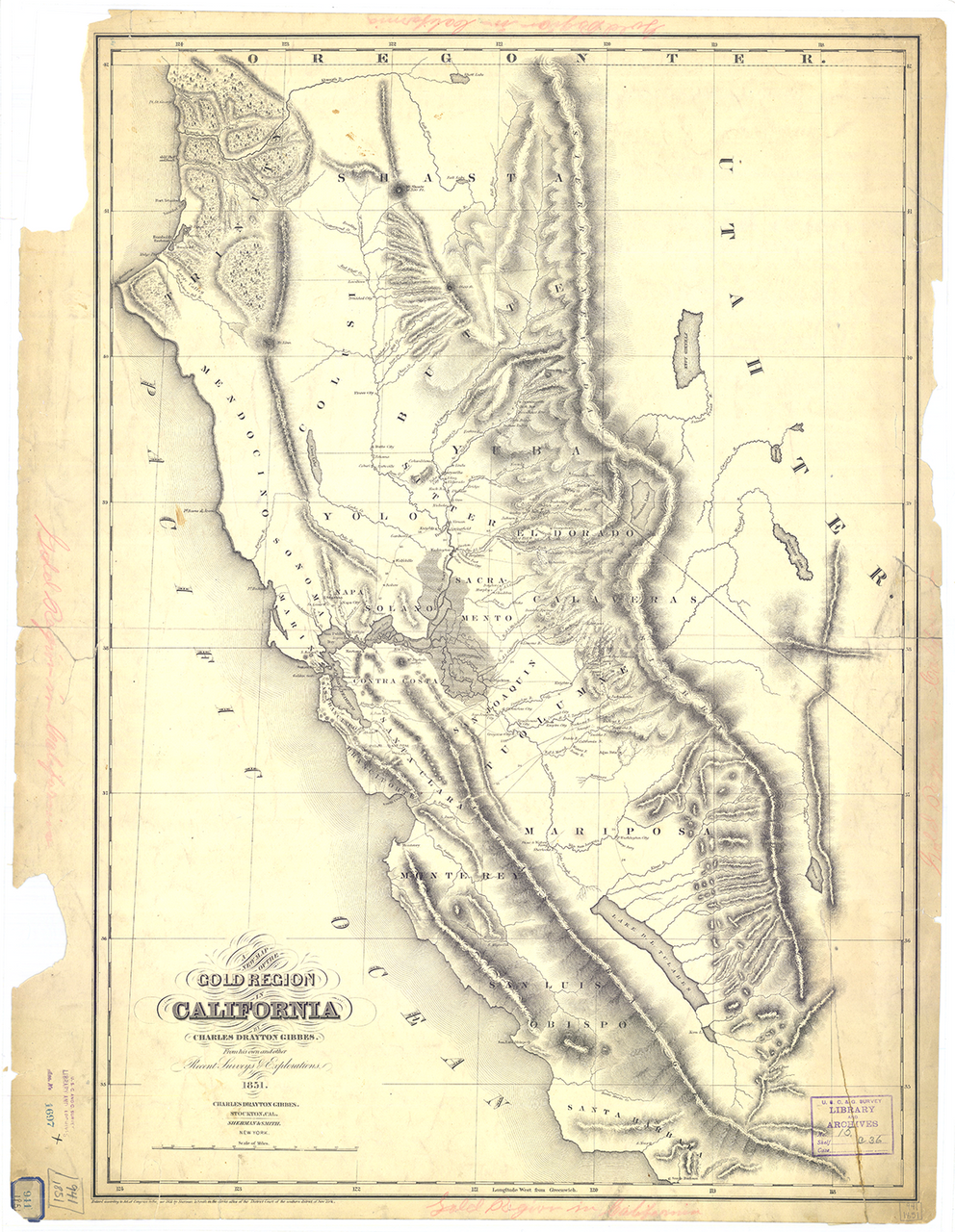 Historical Chart: Gold Region in California 1851 (21 x 27 inches)