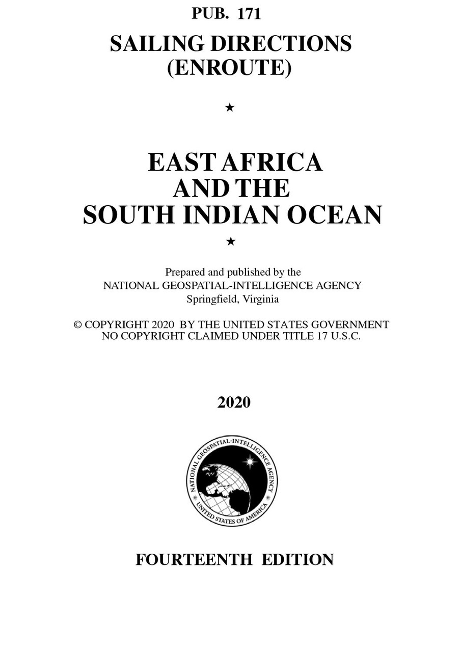 PUB 171 Sailing Directions Enroute: East Africa and The South Indian Ocean (CURRENT EDITION)