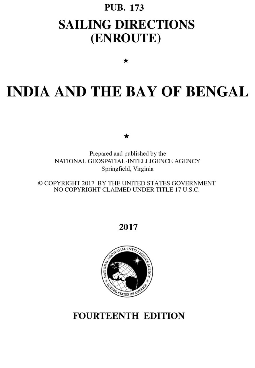 PUB 173 Sailing Directions Enroute: India and The Bay of Bengal (CURRENT EDITION)