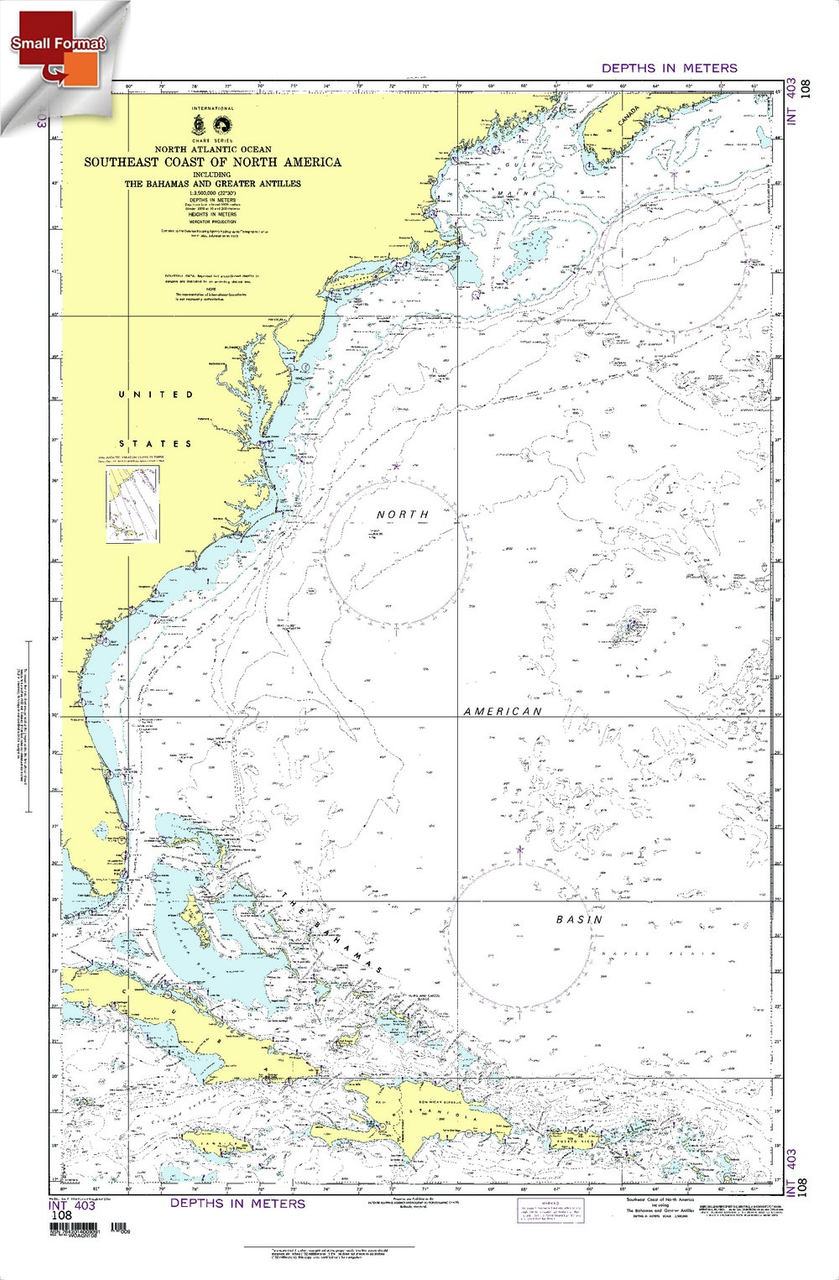 NGA Chart 108: Southeast Cst.N.Amer.Incl.Bahamas Int.40, Approx. Size 21" x 31" (SMALL FORMAT WATERPROOF)