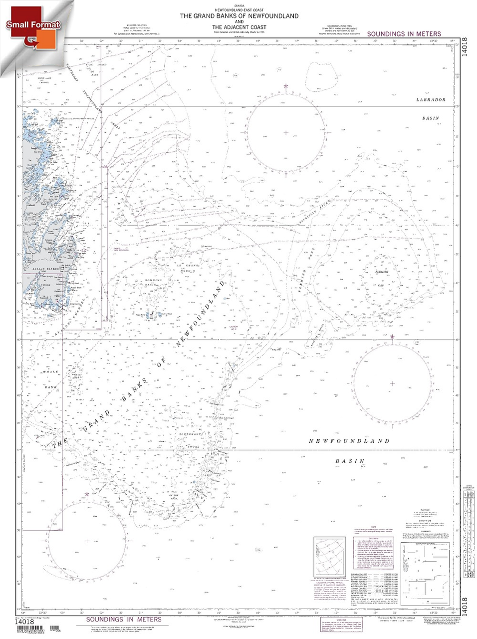 NGA Chart 14018: Grand Banks Of Newfoundland, Approx. Size 21" x 28" (SMALL FORMAT WATERPROOF)