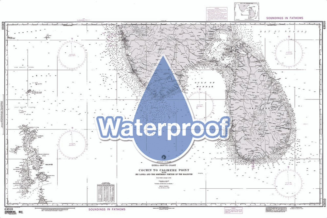 Waterproof NGA Chart 63010: Cochin to Calimere Pt. With Sri Lanka