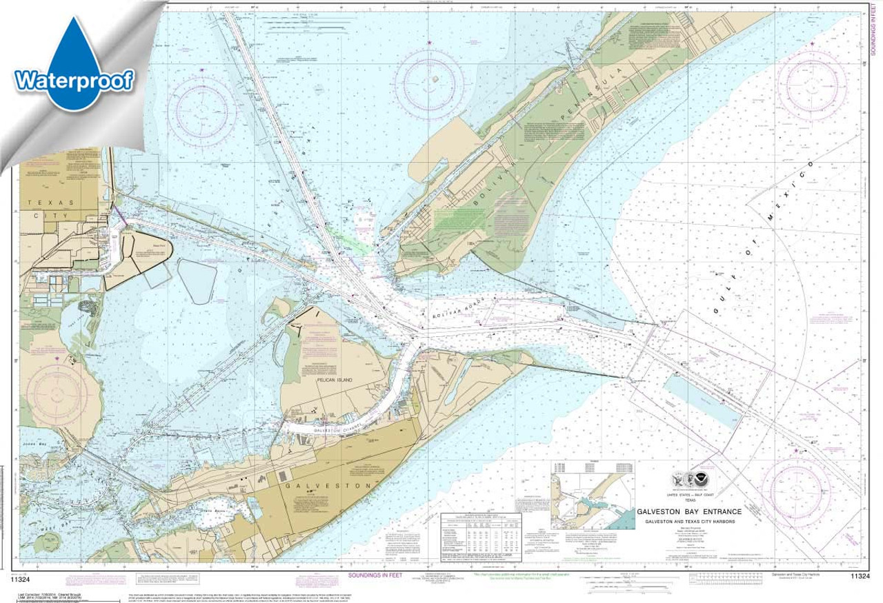 WATERPROOF NOAA Chart 11324: Galveston Bay Entrance Galveston and Texas City Harbors
