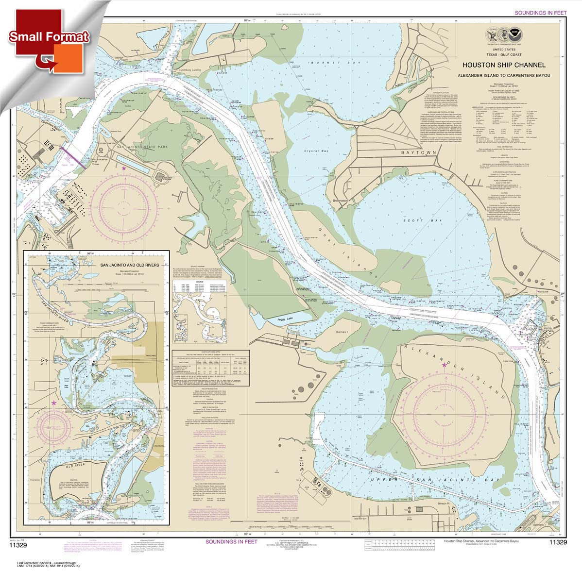 Small Format NOAA Chart 11329: Houston Ship Channel Alexander Island to Carpenters Bayou;San Jacinto and Old Rivers
