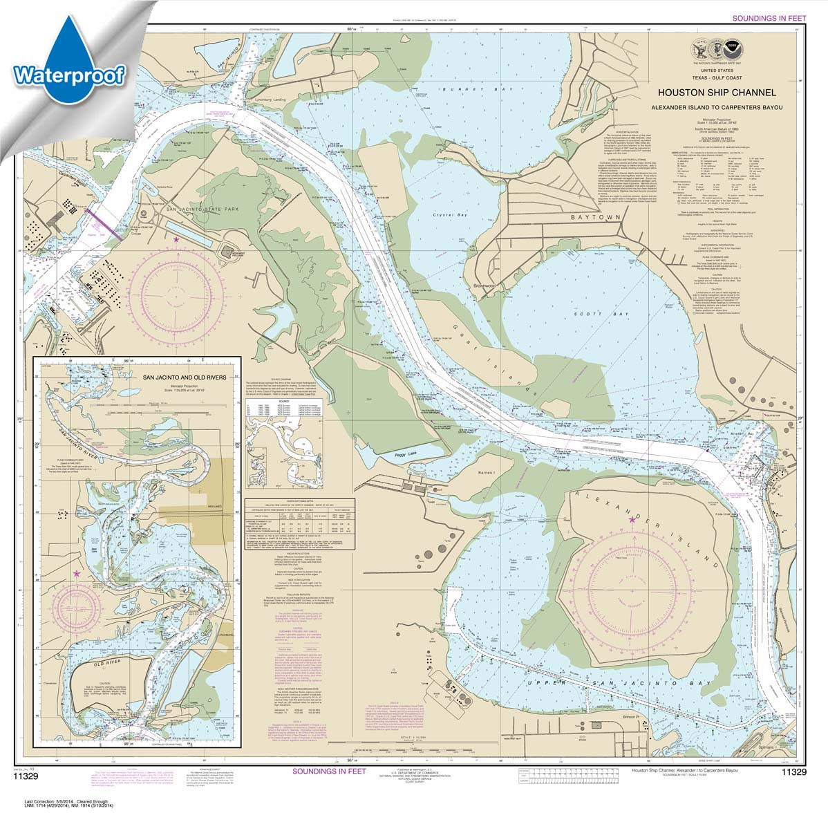 Waterproof NOAA Chart 11329: Houston Ship Channel Alexander Island to Carpenters Bayou;San Jacinto and Old Rivers