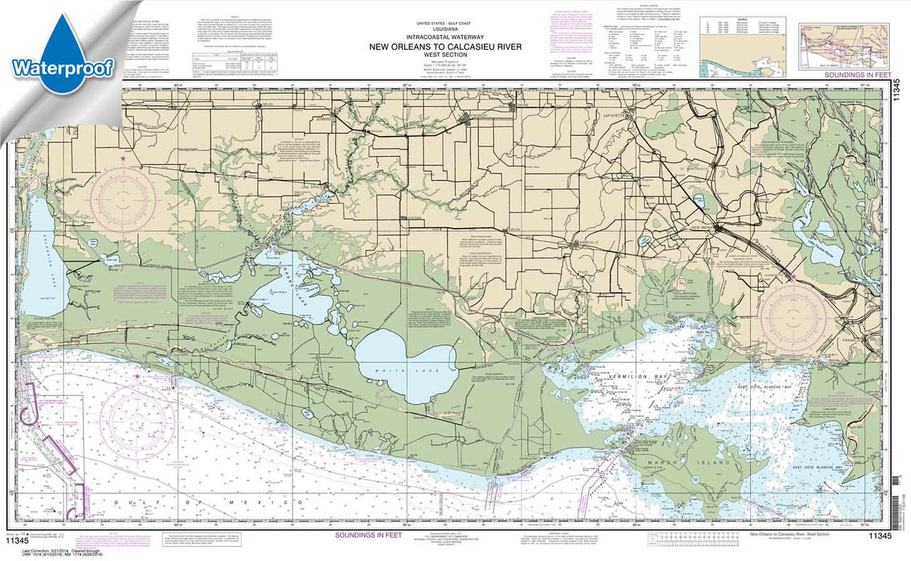 Waterproof NOAA Chart 11345: Intracoastal Waterway New Orleans to Calcasieu River West Section