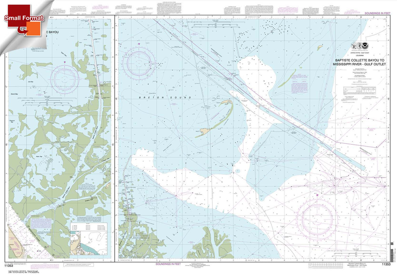Small Format HISTORICAL NOAA Chart 11353: Baptiste Collette Bayou to Mississippi River Gulf Outlet;Baptiste Collette Bayou Extension