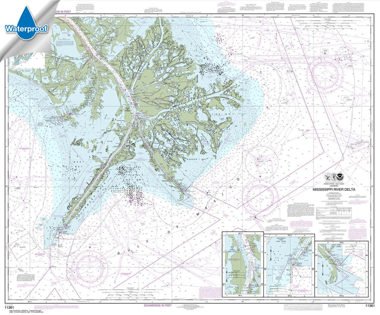 Waterproof HISTORICAL NOAA Chart 11361: Mississippi River Delta;Southwest Pass;South Pass;Head of Passes