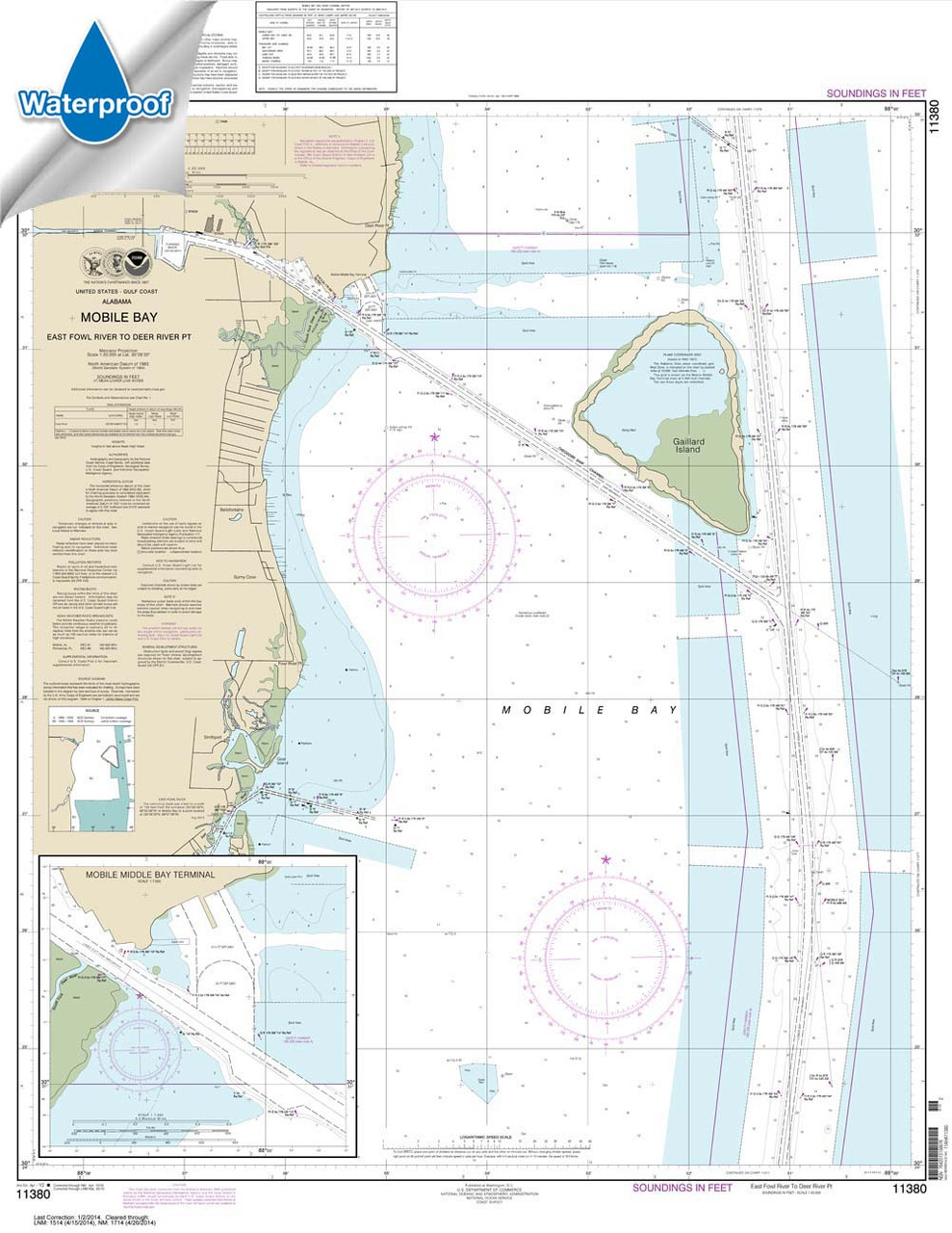 Waterproof HISTORICAL NOAA Chart 11380: Mobile Bay East Fowl River to Deer River Pt; Mobile Middle Bay Terminal