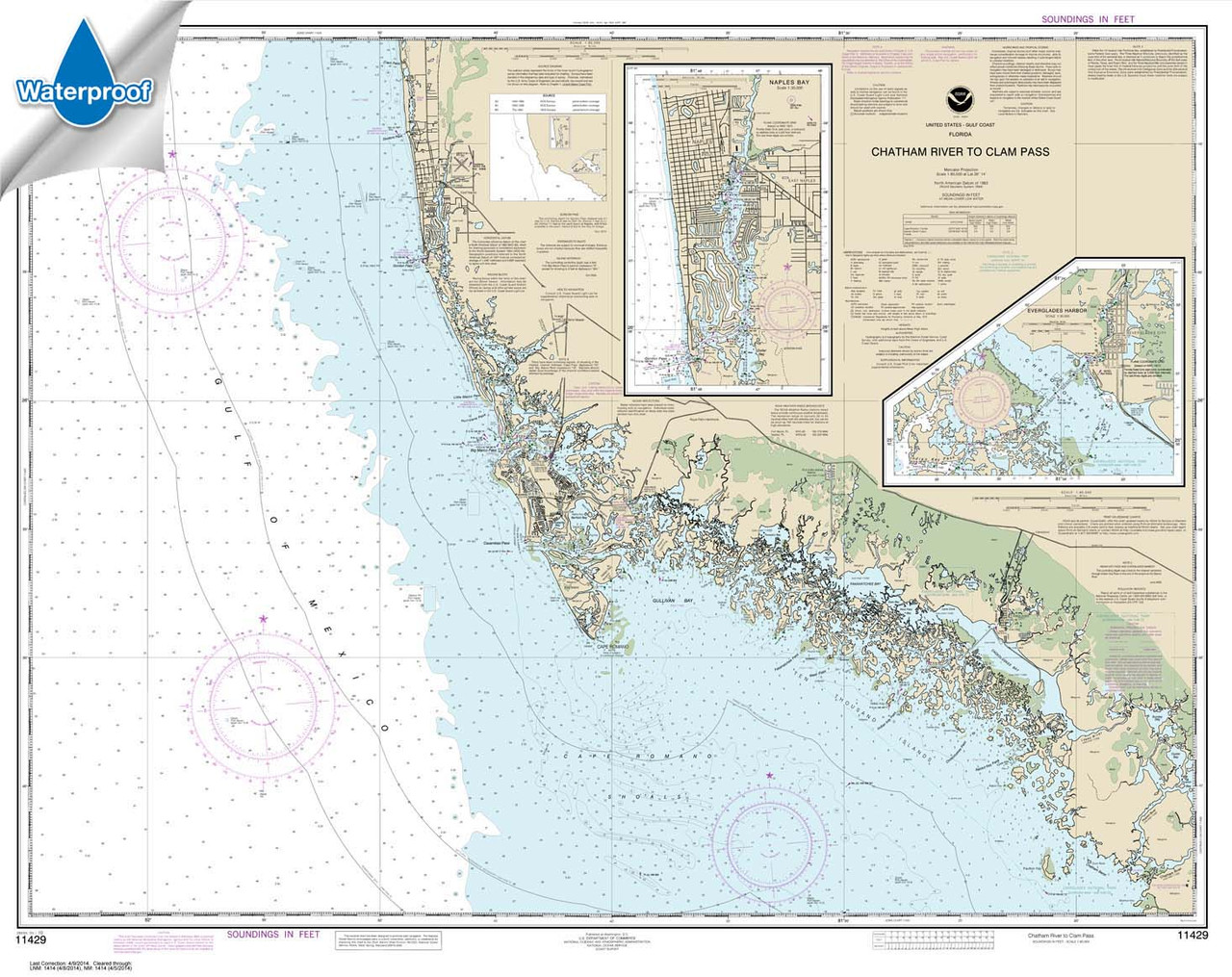 HISTORICAL WATERPROOF NOAA Chart 11429: Chatham River to Clam Pass;Naples Bay;Everglades Harbor