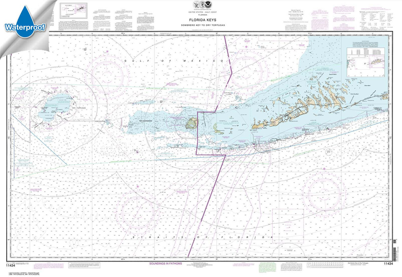 HISTORICAL WATERPROOF NOAA Chart 11434: Florida Keys Sombrero Key to Dry Tortugas