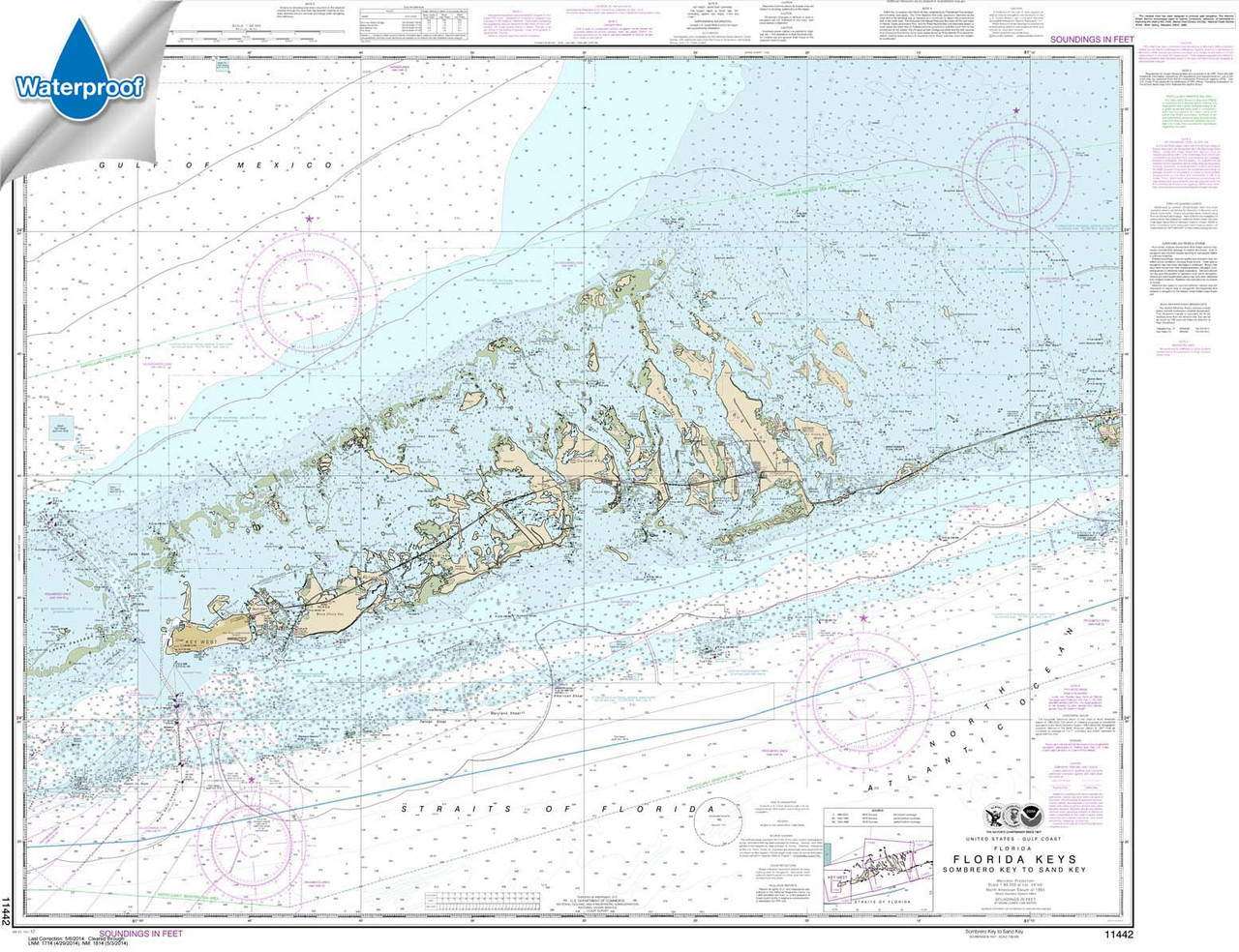 Waterproof NOAA Chart 11442: Florida Keys Sombrero Key to Sand Key