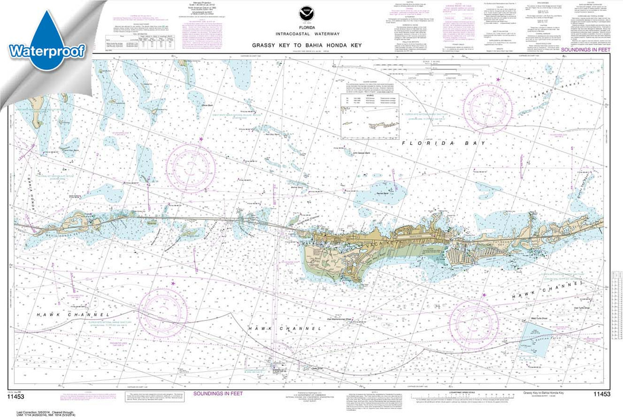 HISTORICAL WATERPROOF NOAA Chart 11453: Florida Keys Grassy Key to Bahia Honda Key