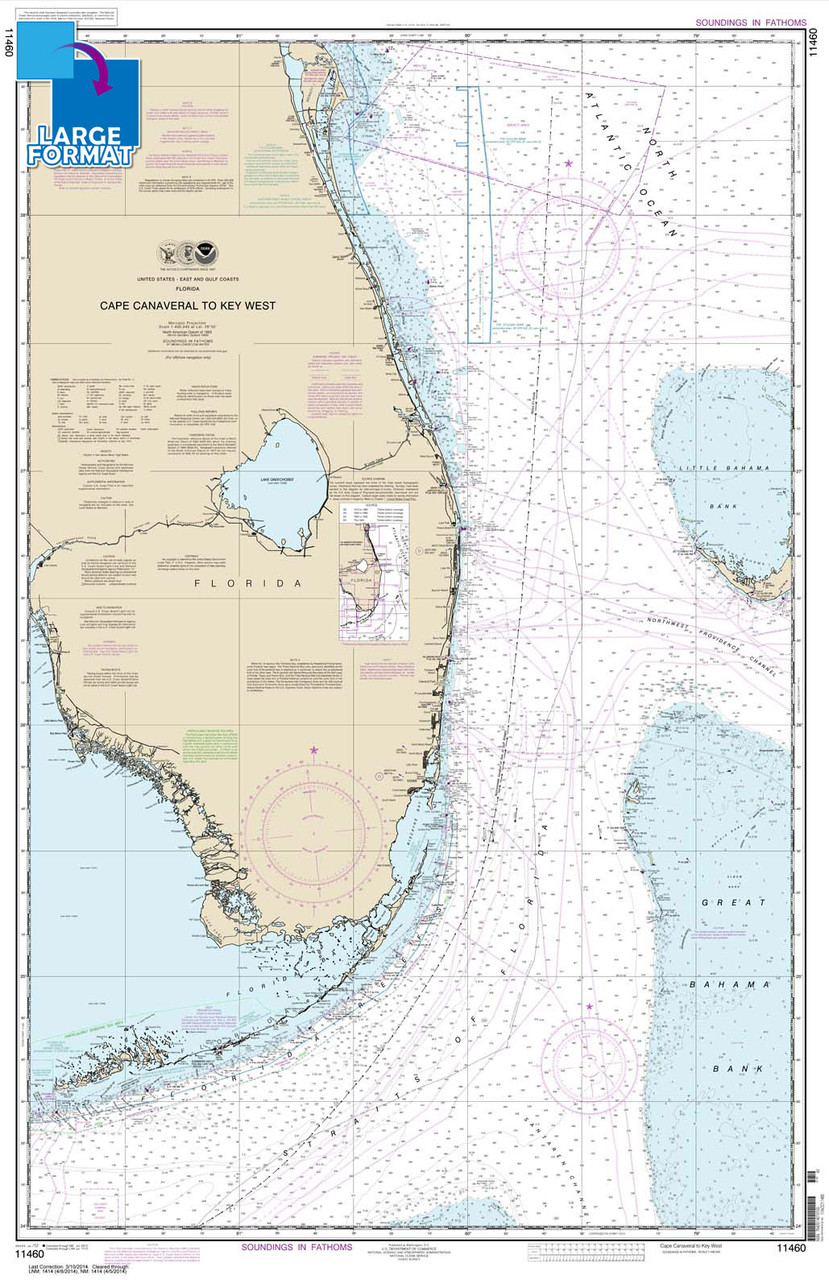 Large Format NOAA Chart 11460: Cape Canaveral to Key West
