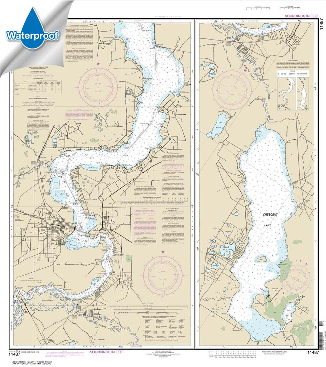 Waterproof HISTORICAL NOAA Chart 11487: St. Johns River Racy Point to Crescent Lake