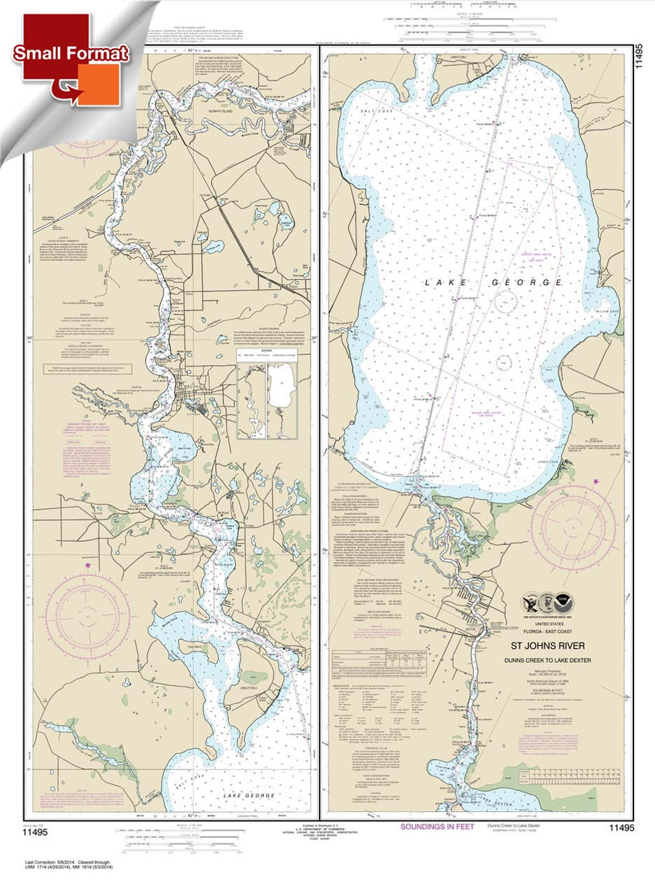 Small Format HISTORICAL NOAA Chart 11495: St. Johns River Dunns Creek to Lake Dexter