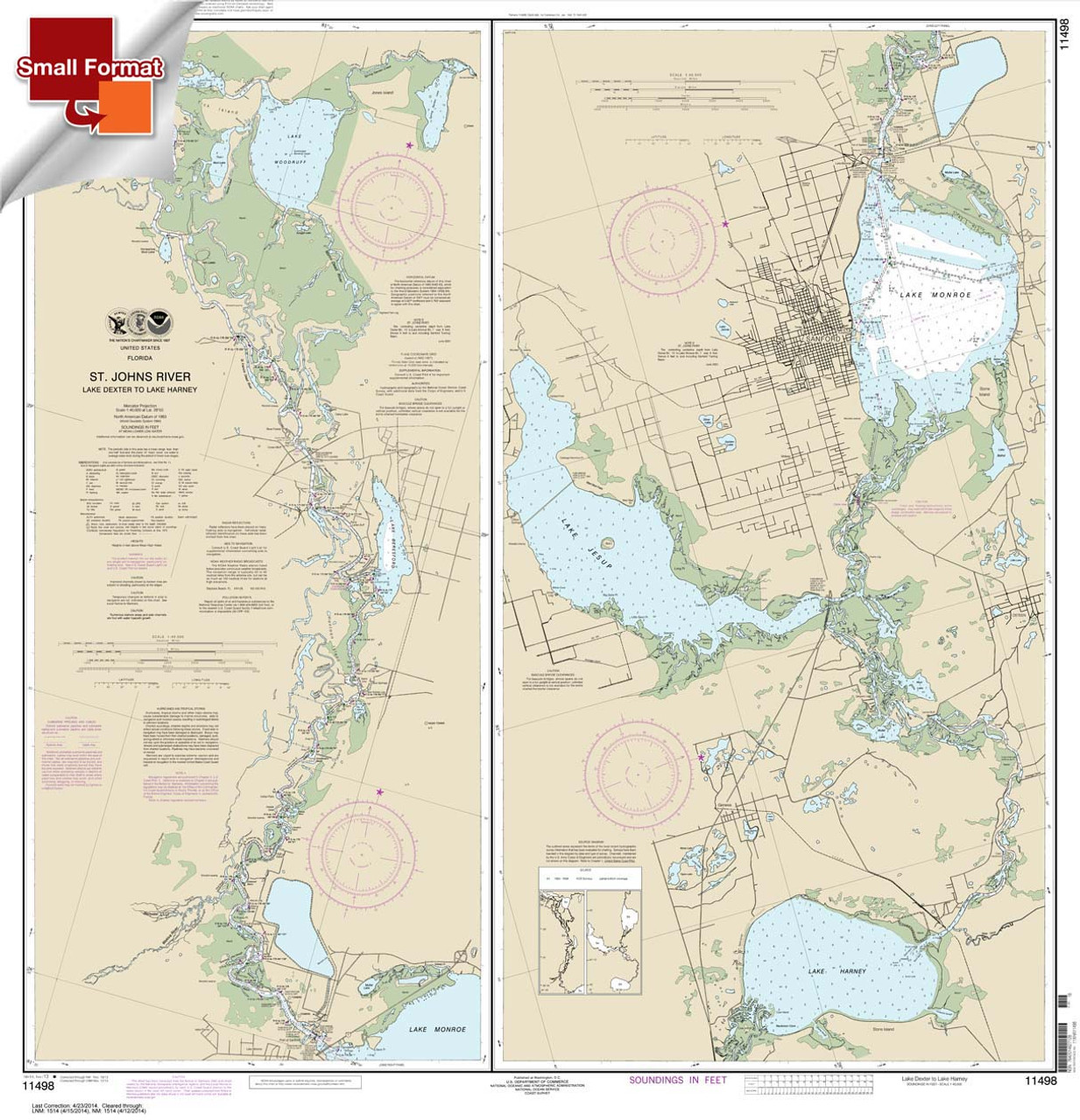 Small Format HISTORICAL NOAA Chart 11498: St. Johns River Lake Dexter to Lake Harney