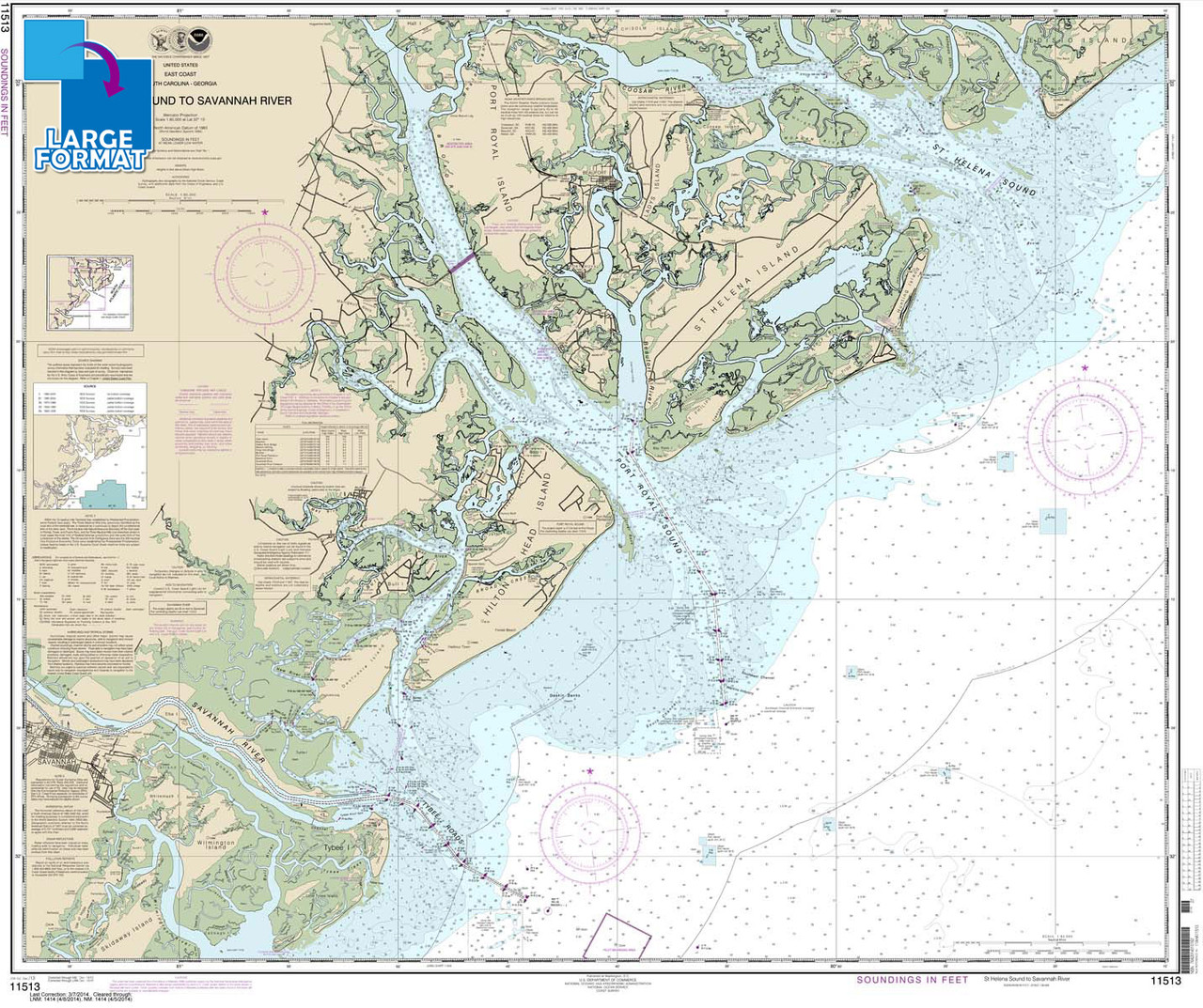 Large Format NOAA Chart 11513: St. Helena Sound to Savannah River