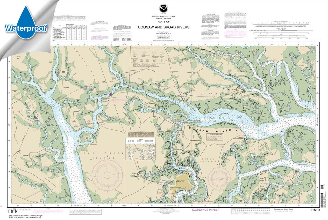 Waterproof HISTORICAL NOAA Chart 11519: Parts of Coosaw and Broad Rivers