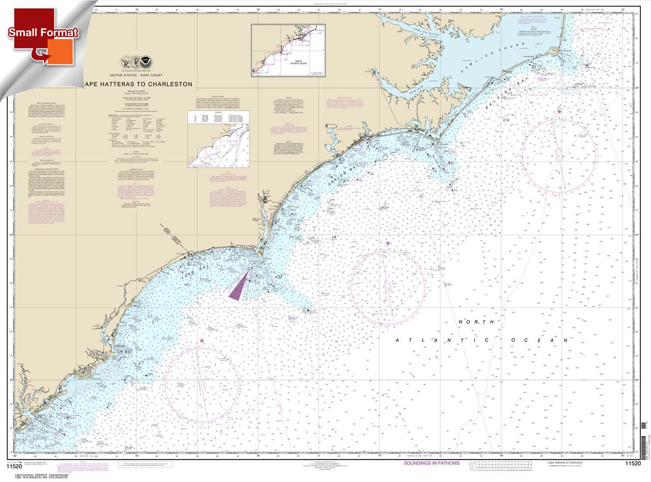 Small Format NOAA Chart 11520: Cape Hatteras to Charleston