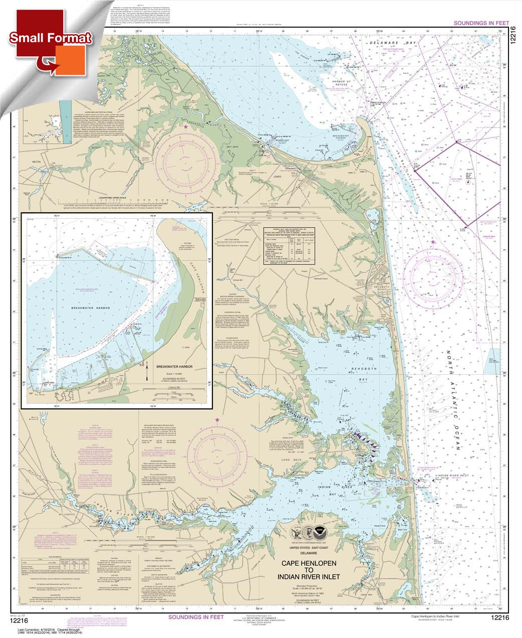 Small Format HISTORICAL NOAA Chart 12216: Cape Henlopen to Indian River Inlet;Breakwater Harbor