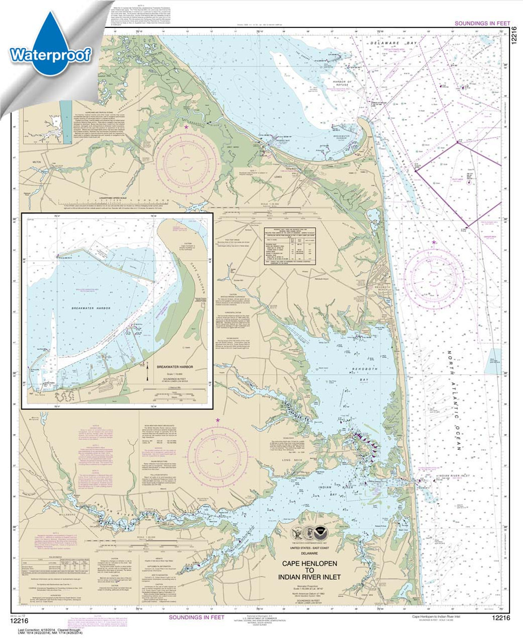 Waterproof HISTORICAL NOAA Chart 12216: Cape Henlopen to Indian River Inlet;Breakwater Harbor