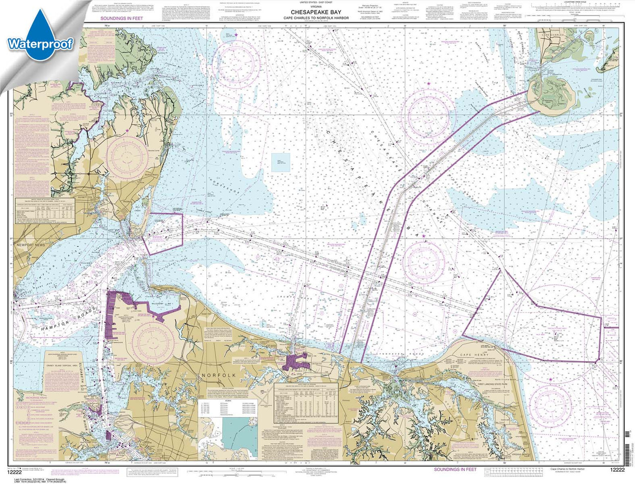 Waterproof NOAA Chart 12222: Chesapeake Bay Cape Charles to Norfolk Harbor
