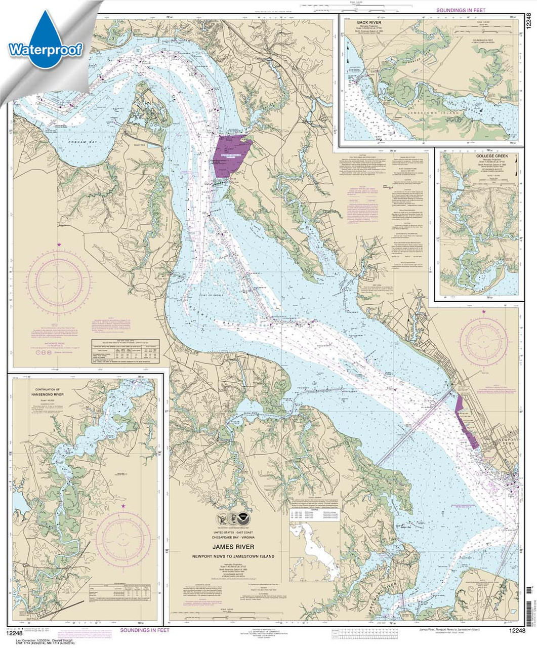 Waterproof NOAA Chart 12248: James River Newport News to Jamestown Island; Back River and College Creek