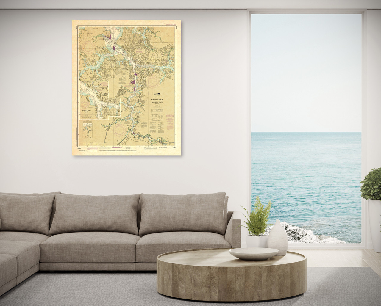 ANTIQUED NOAA Chart 12253: Norfolk Harbor and Elizabeth River